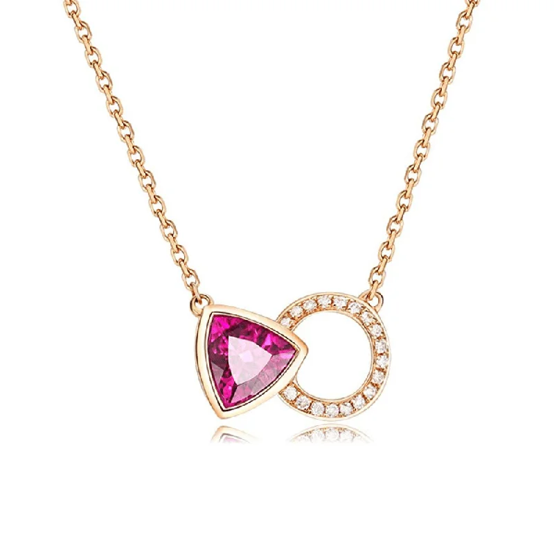 FANCIME "Eternal Circle" Triangle Tourmaline and Round Love Circle 18K Solid Rose Gold Necklace